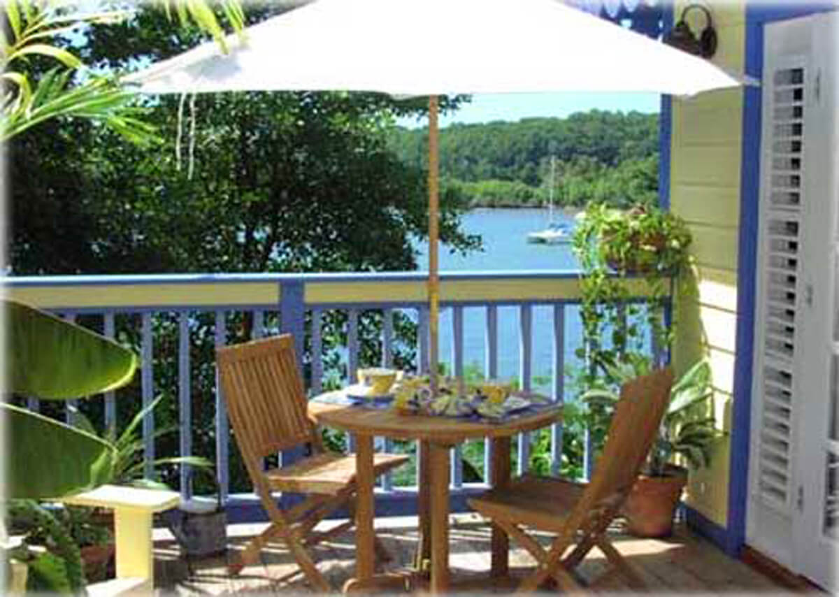Bel Air Plantation Villa Resort porch overlooking St. David's Harbor