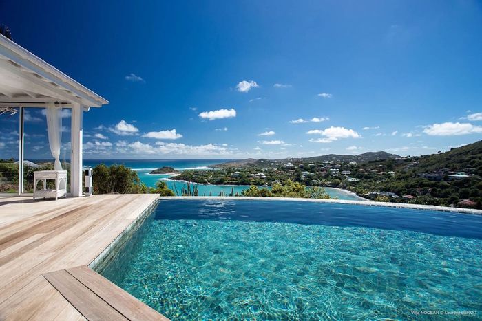 Views over Marigot Bay from the pool and patio at Nocean Villa 