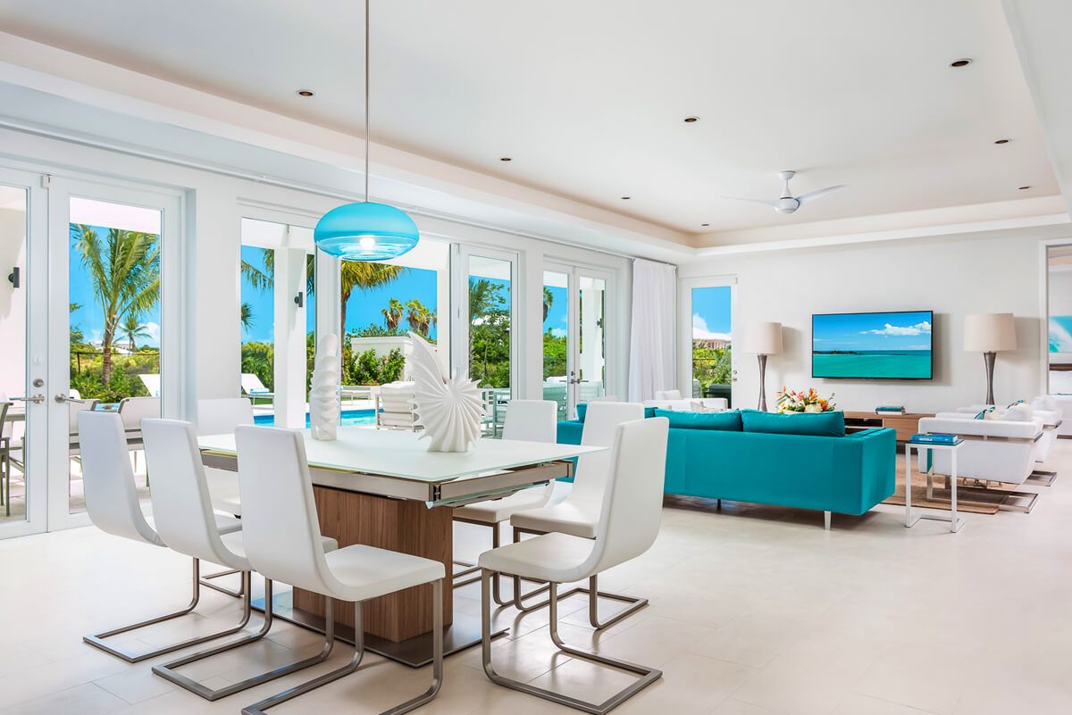 The dining area seats eight