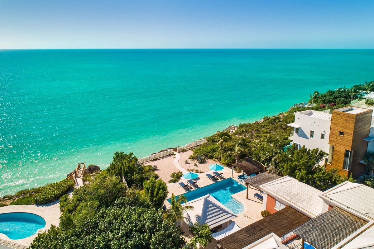 Aerial view of the villa and Taylor Bay