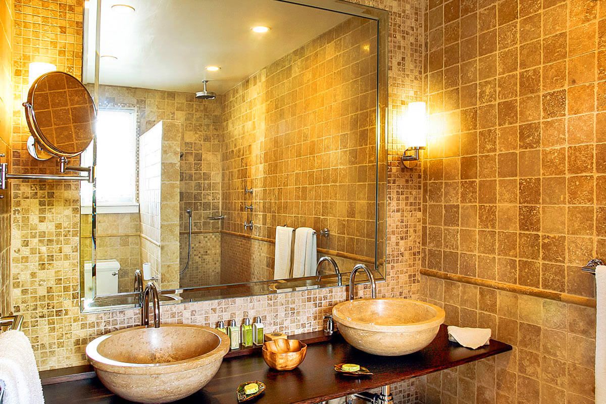 A double vanity bath room at the Flaming House
