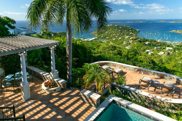 La Bella Vita Villa sits on a lush hillside overlooking Great Cruz Bay