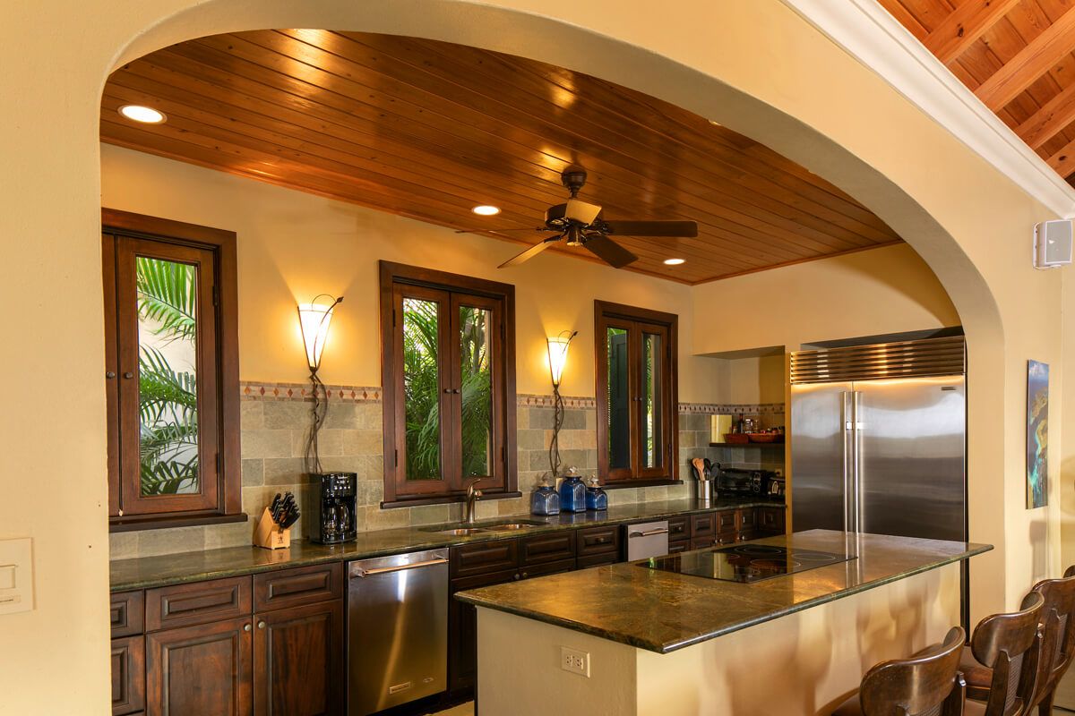A breakfast bar that seats three