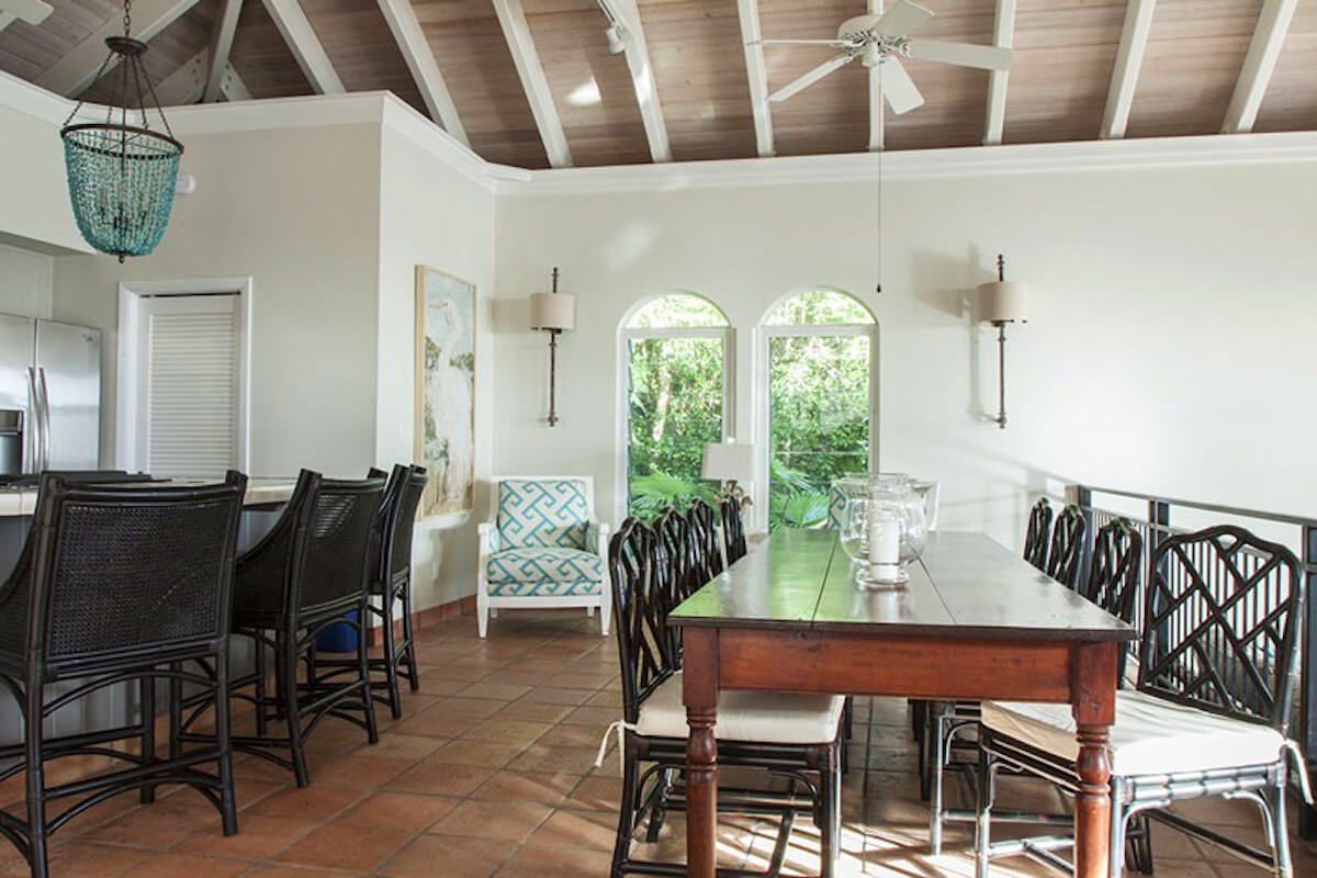 The dining table seats eight