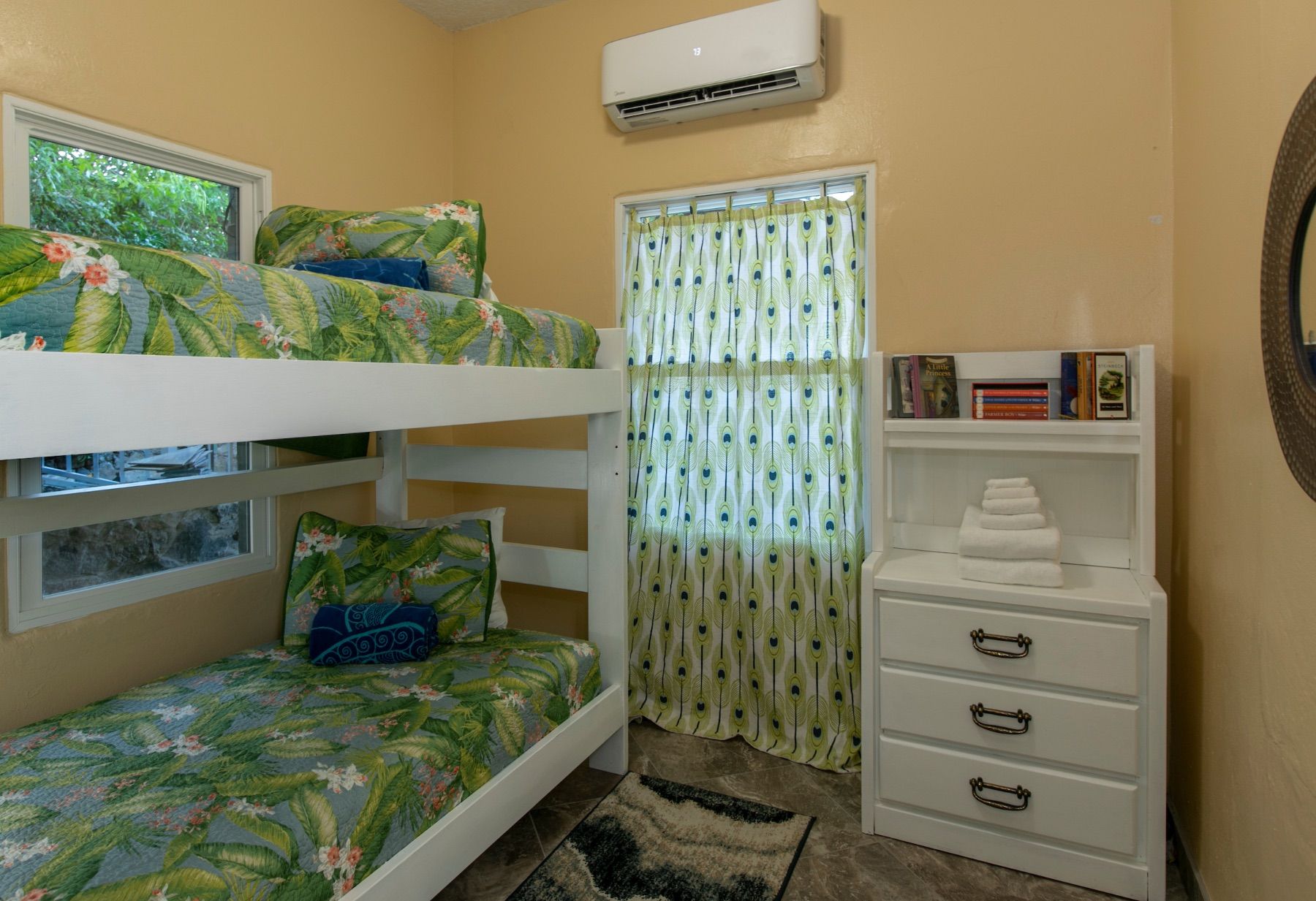 Twin bunk beds in lower level apartment