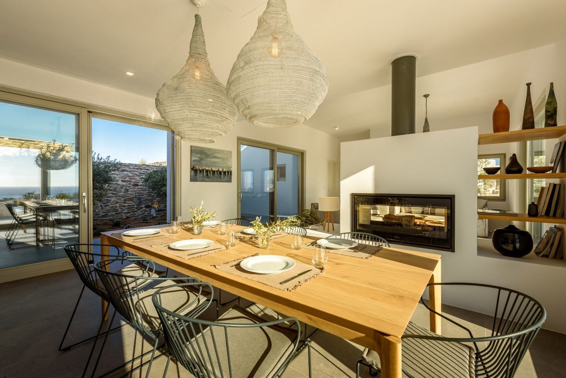 Spacious dining area with a table that seats eight guests.