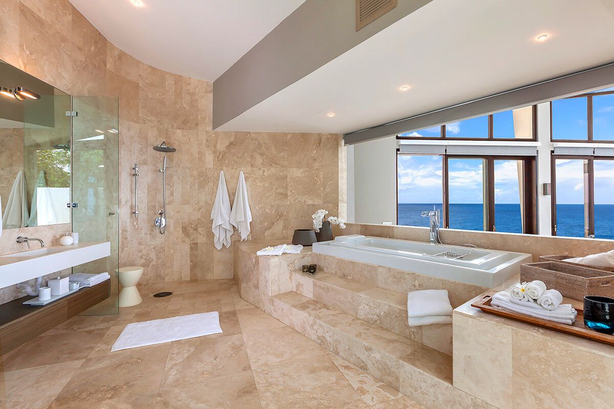 Elegant bathroom suite with a bath tub and shower