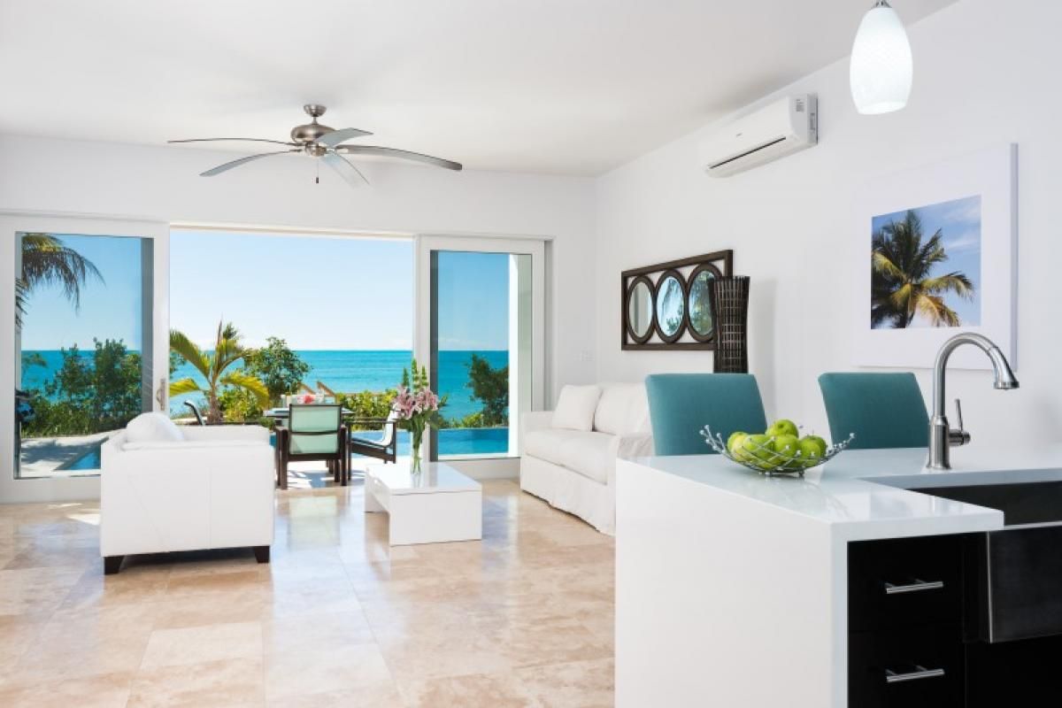 The open floor plan combines the living and kitchen areas