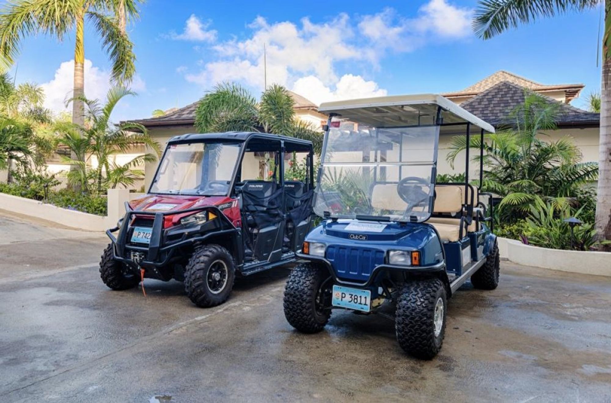 A six seater golf cart and the four person utility vehicle