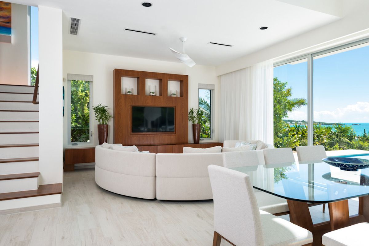 The open floor plan combines the living and dining areas