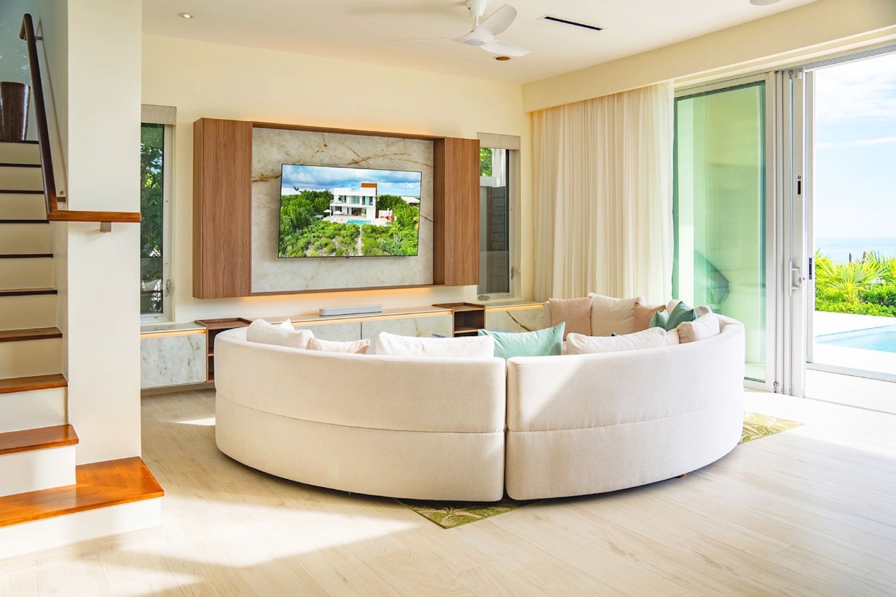 The open floor plan combines the living and dining areas